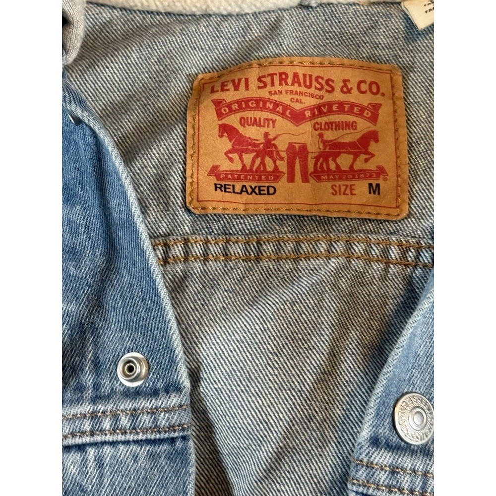 Levis Mens Hybrid Hoodie Trucker Jacket Medium Light Wash Blue Denim Grey Hood - Picture 4 of 11
